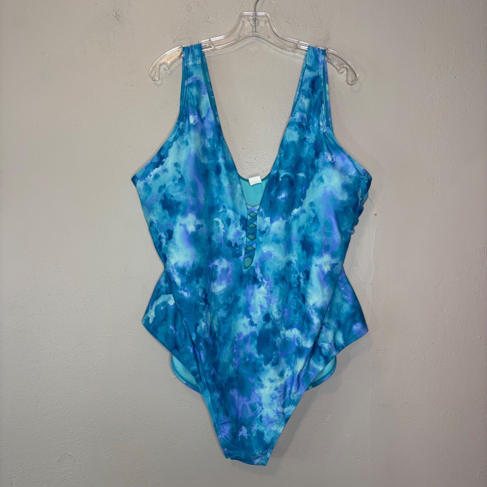 Outdoor Oasis Blue Watercolor V-Neck Lattice One Piece Swimsuit 2X NEW
